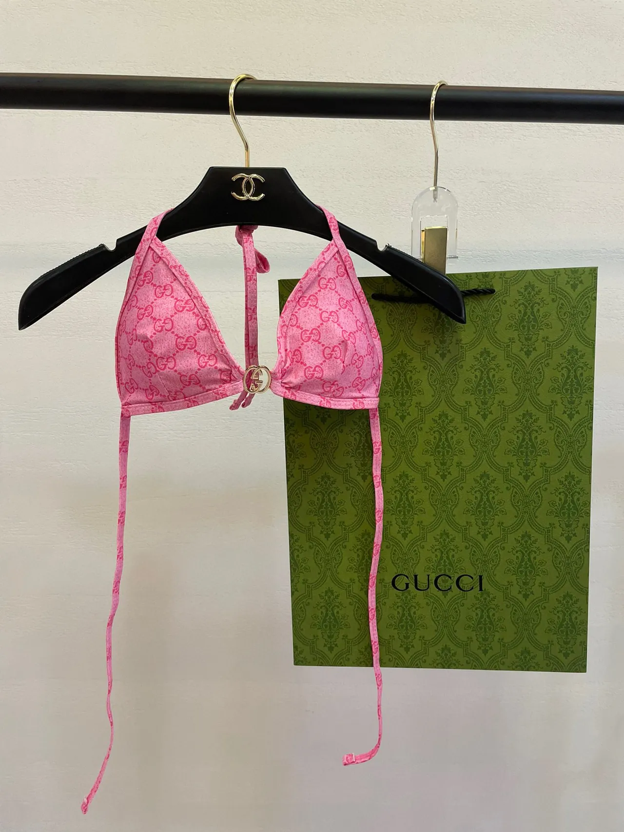 Gucci Pink Halter Triangle All-Over GG Monogram Swimwear