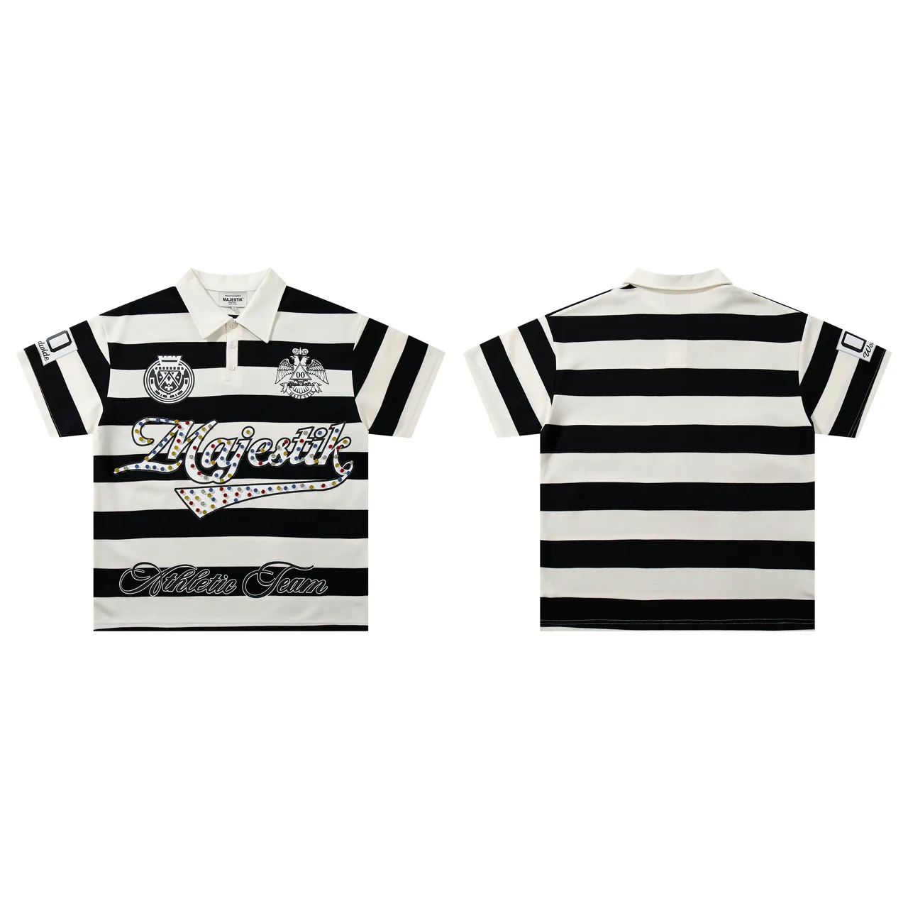 Majestik Athletic Team Striped Rhinestone Polo Shirt