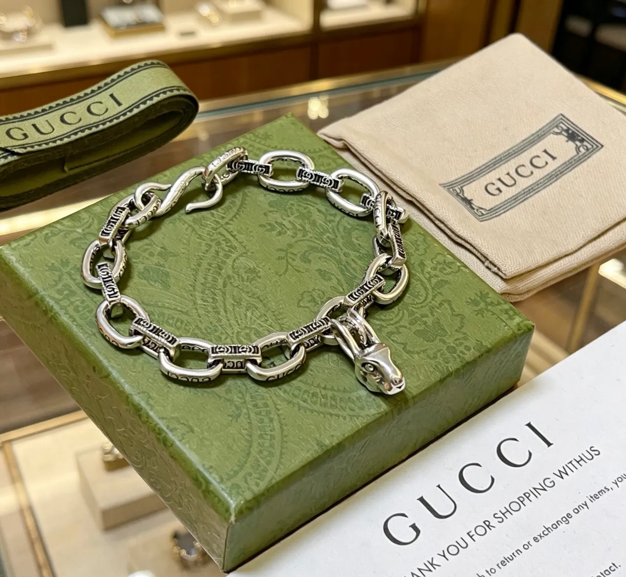 Gucci Iconic Snake Chain Engraved Silver Bracelet