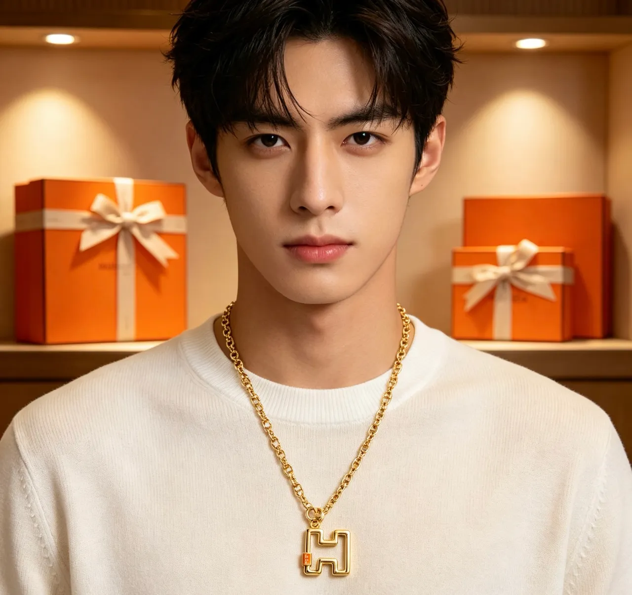 Hermès Gold Orange Link Chain Toggle Clasp Necklace