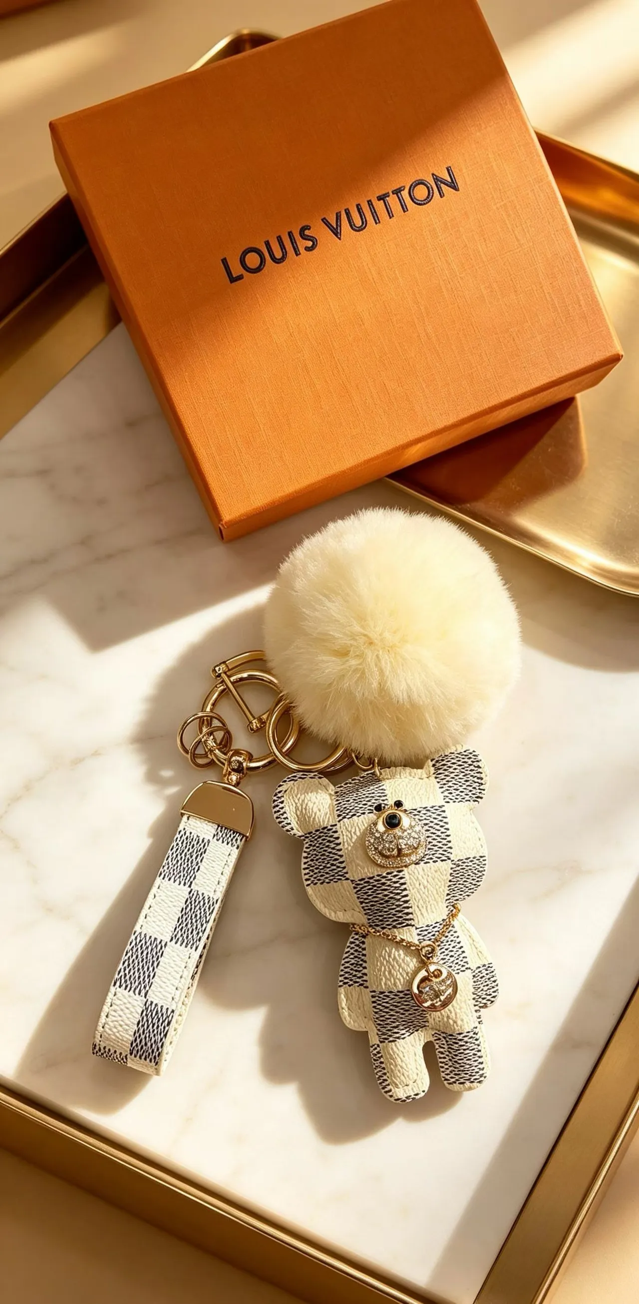 Louis Vuitton Teddy Bear Beige Black Damier Check Leather Pom-Pom Accent Phone Accessory