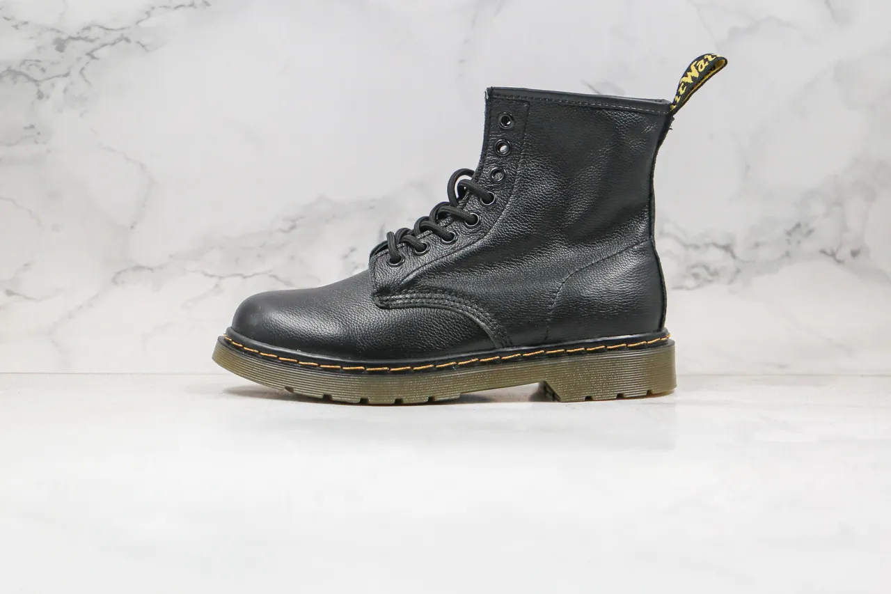 Dr. Martens 1460 Black Smooth Leather Yellow Welt Martin Boots