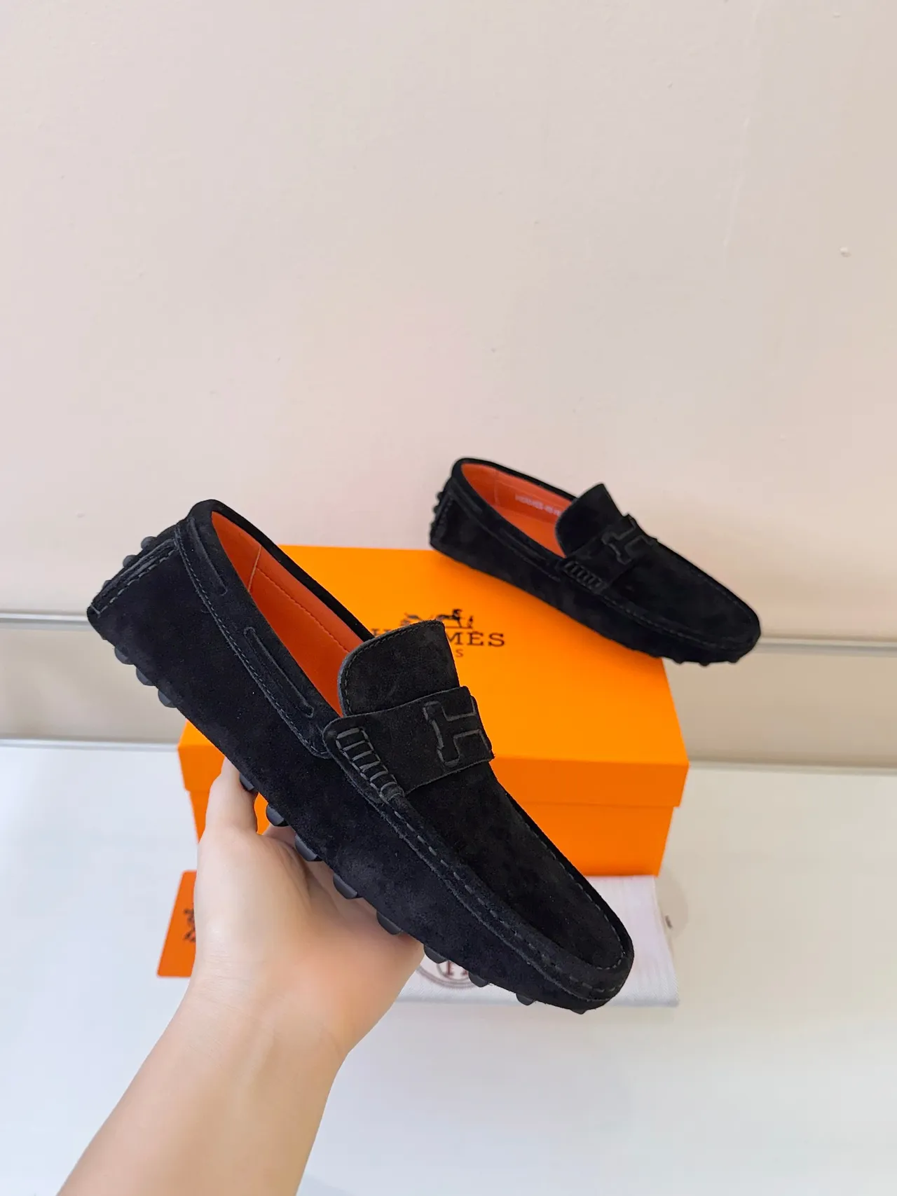 Hermès Oran Black Orange Suede Upper H-Logo Strap Loafer