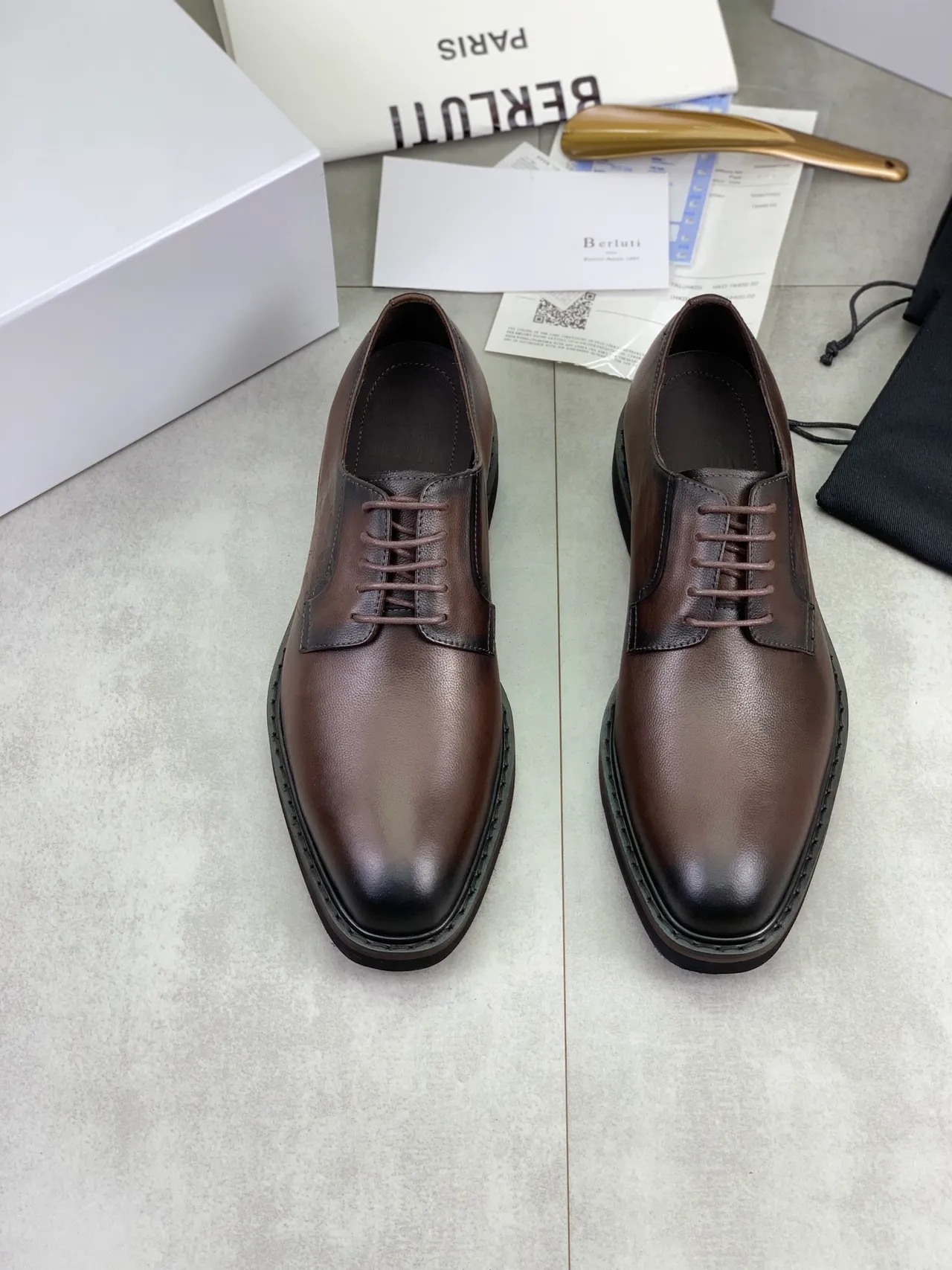 BERLUTI Brown Black Polished Leather Contrast Toe Cap And Sole Derby Shoes