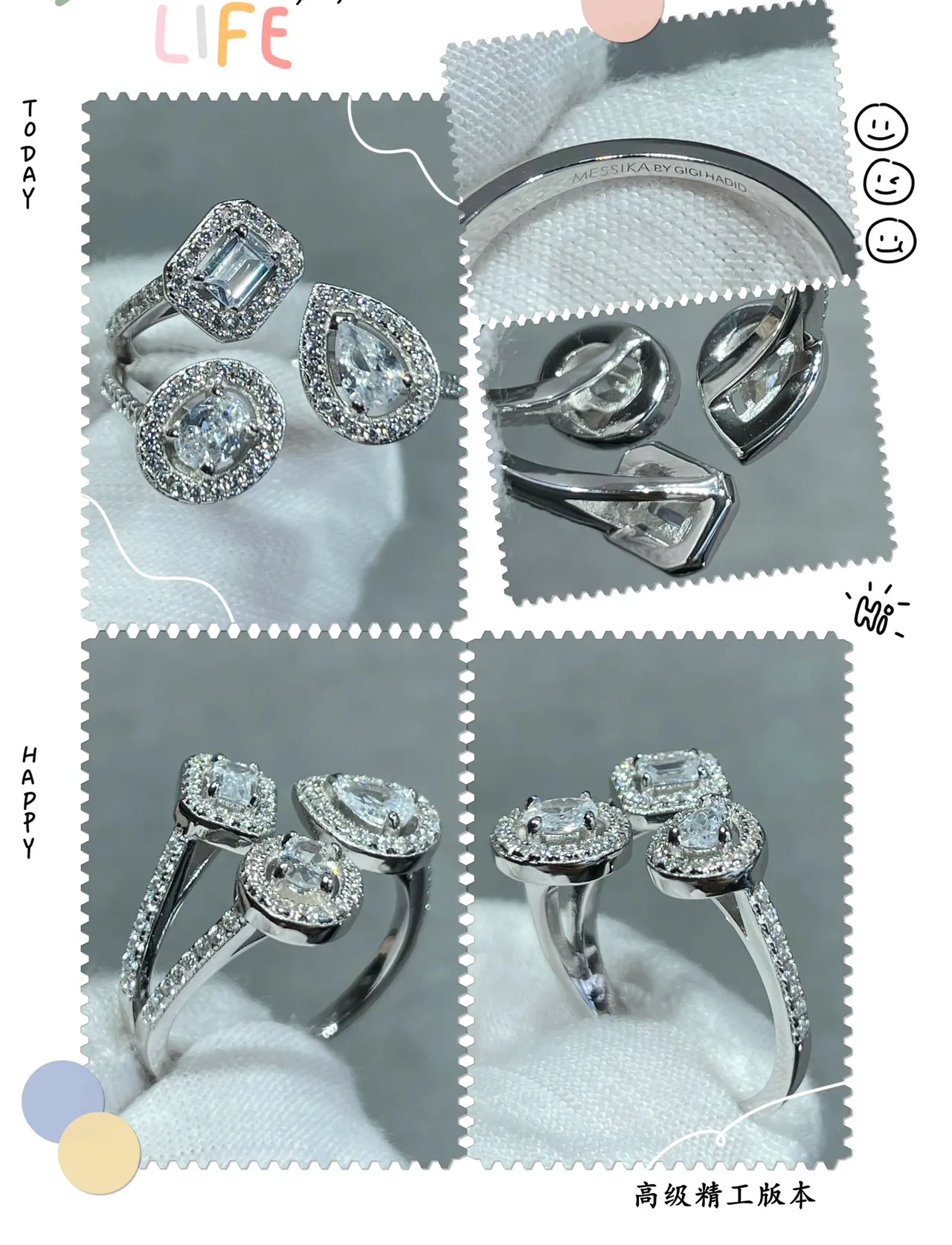 Silver-Tone and Rose Gold-Tone Pavé Halo Triple-Stone Open-Shank Rings