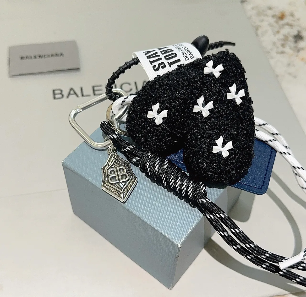 Balenciaga Black Navy Rope Lanyard Bouclé Charm Phone Accessory