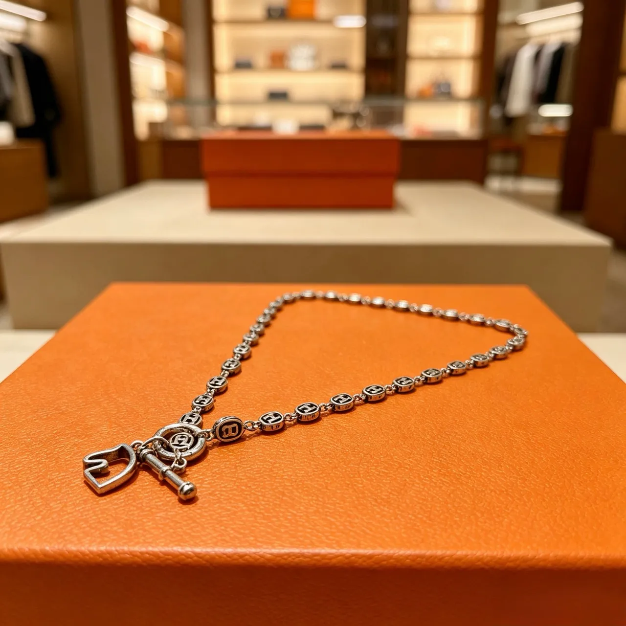 Hermès Silver Black Logo-Link Chain Necklace