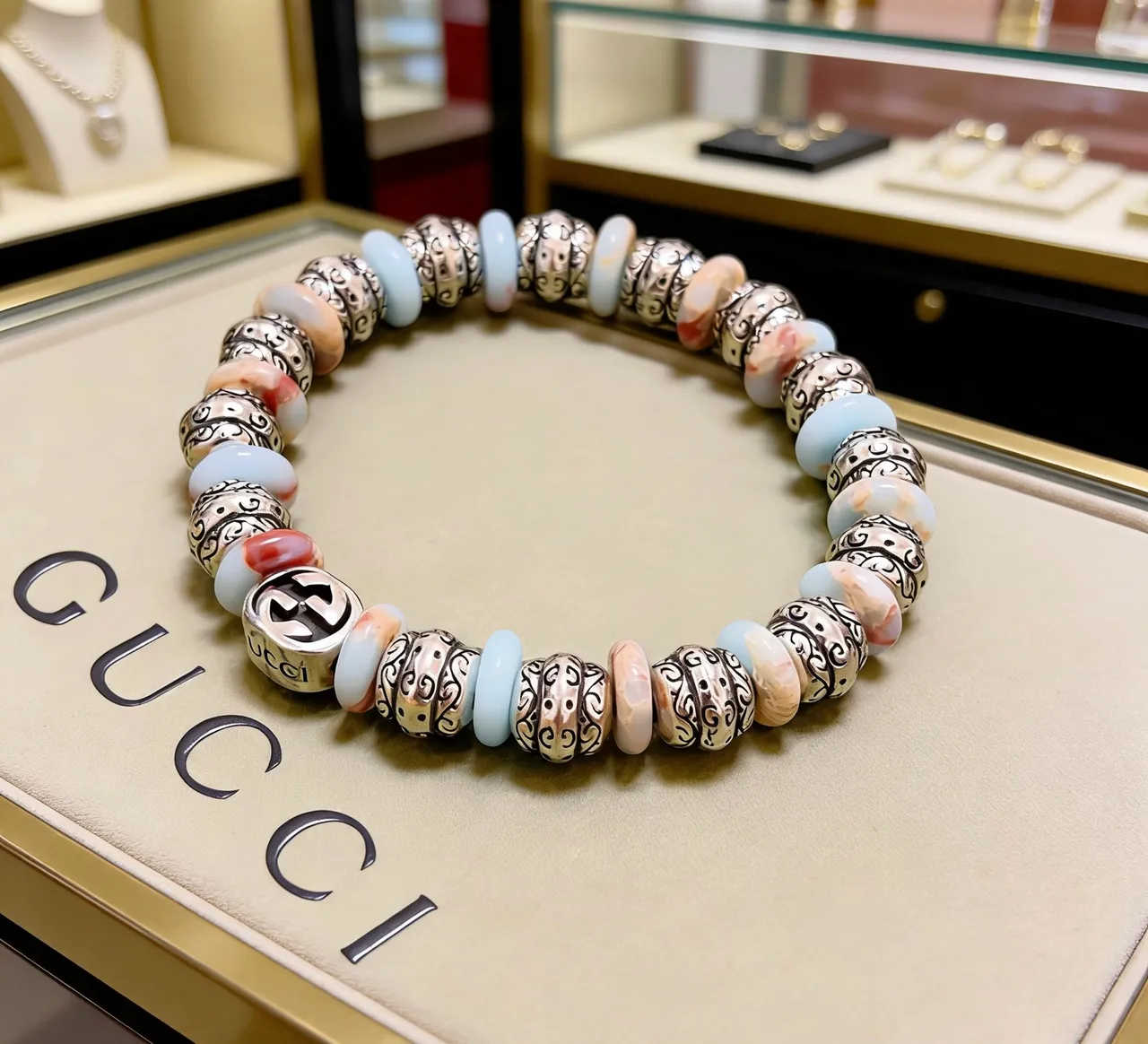 Gucci Multicolor Silver Beaded Ornate Scrollwork Bracelet