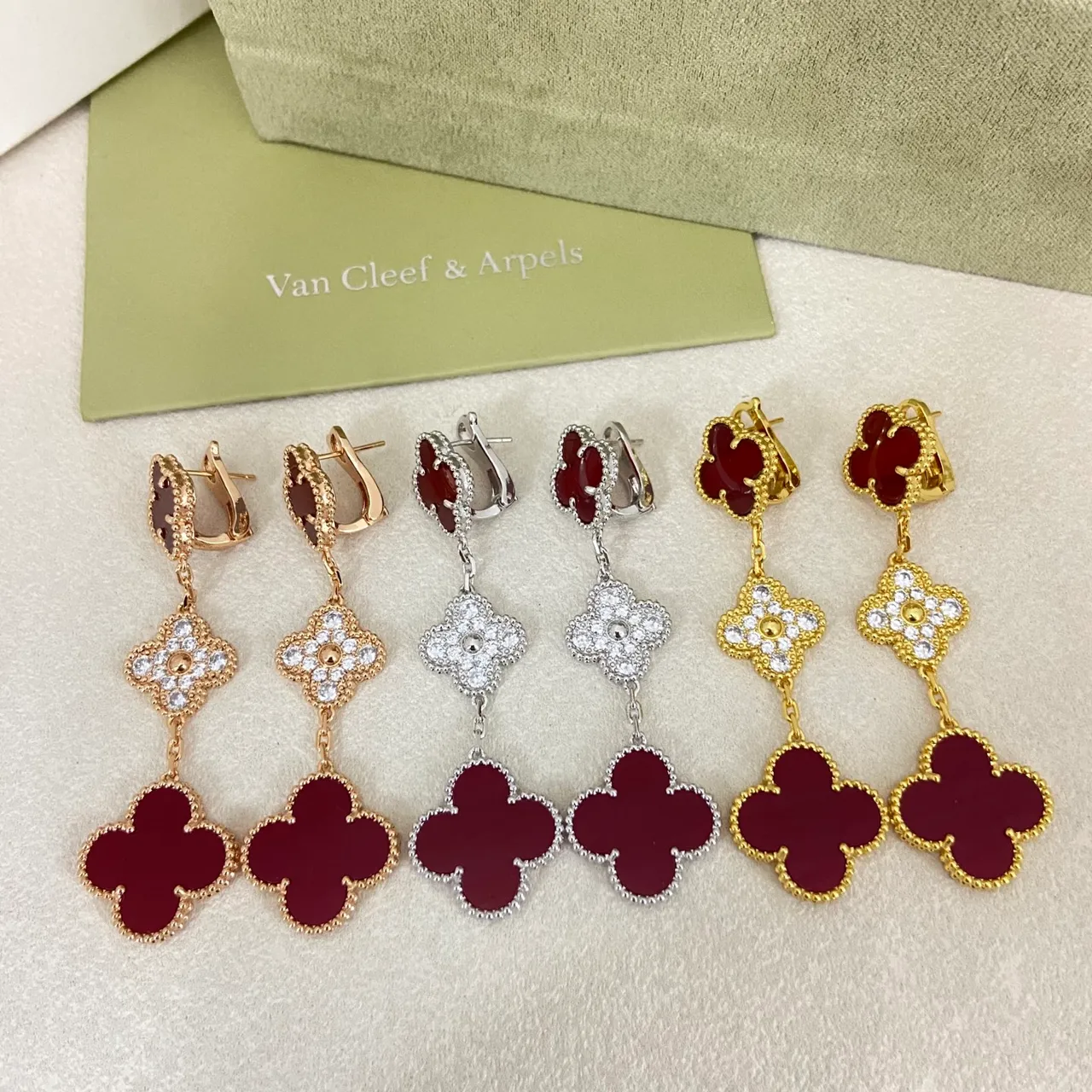 Van Cleef & Arpels Alhambra Multicolor Stone Inlay Dangling Earrings