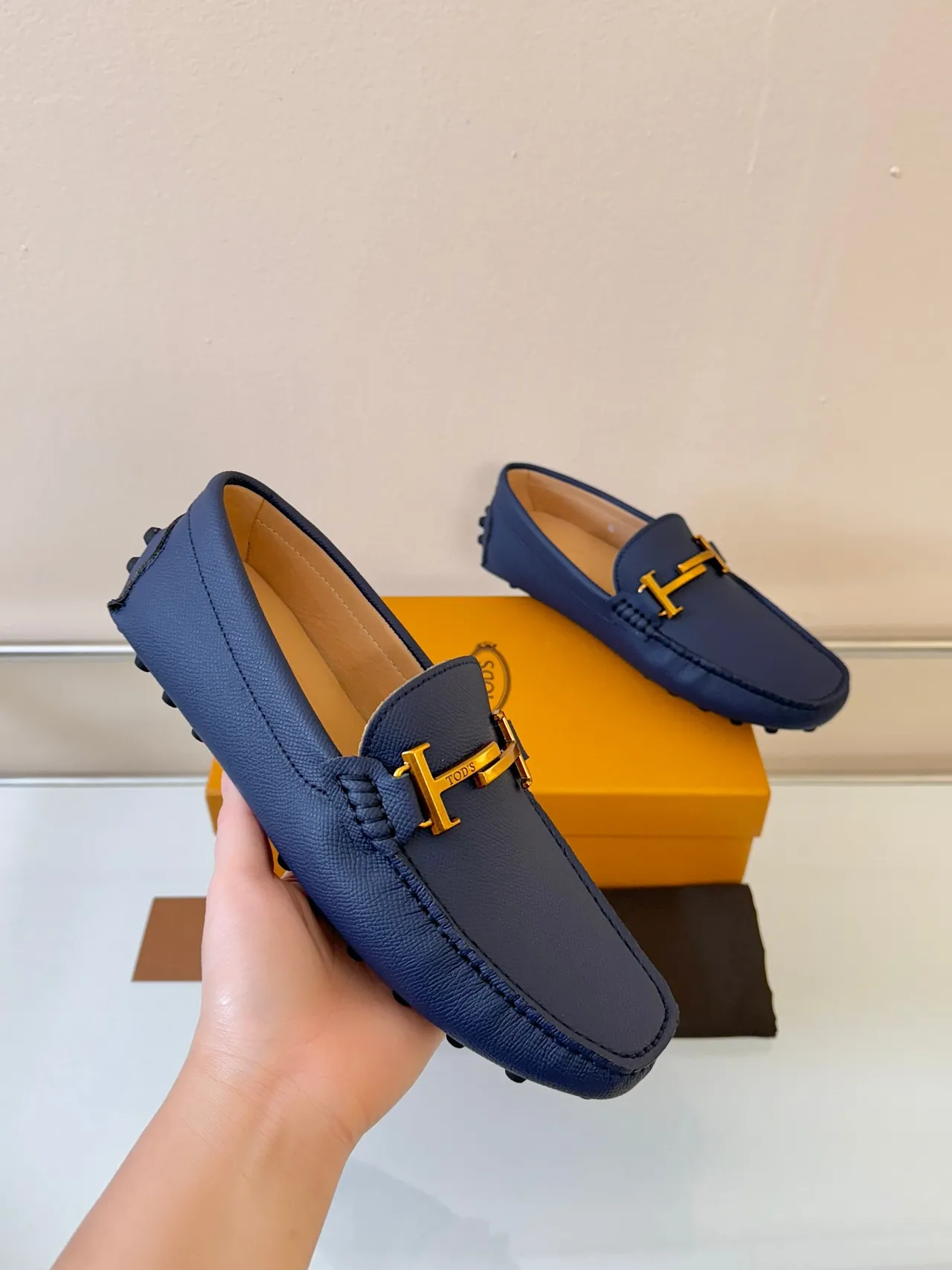 Tod's Gommino Loafer Navy Blue Pebbled Leather H-Bit Loafers