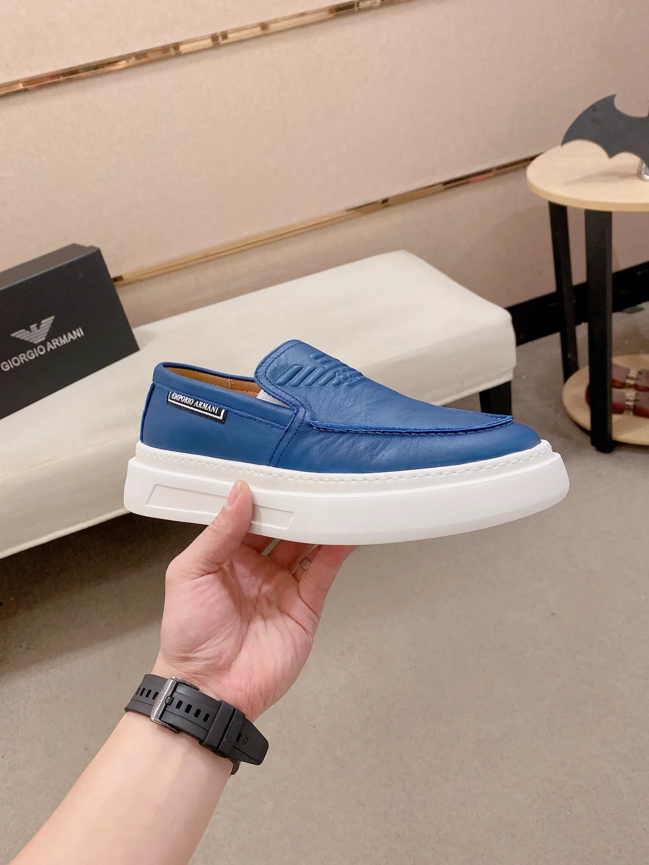 Emporio Armani Blue White Leather Upper Embossed Vamp Loafer