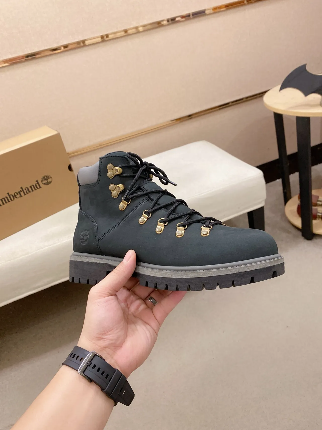 Timberland Black Gray Matte Nubuck Upper Gold-Tone Metal Hardware Work Boots