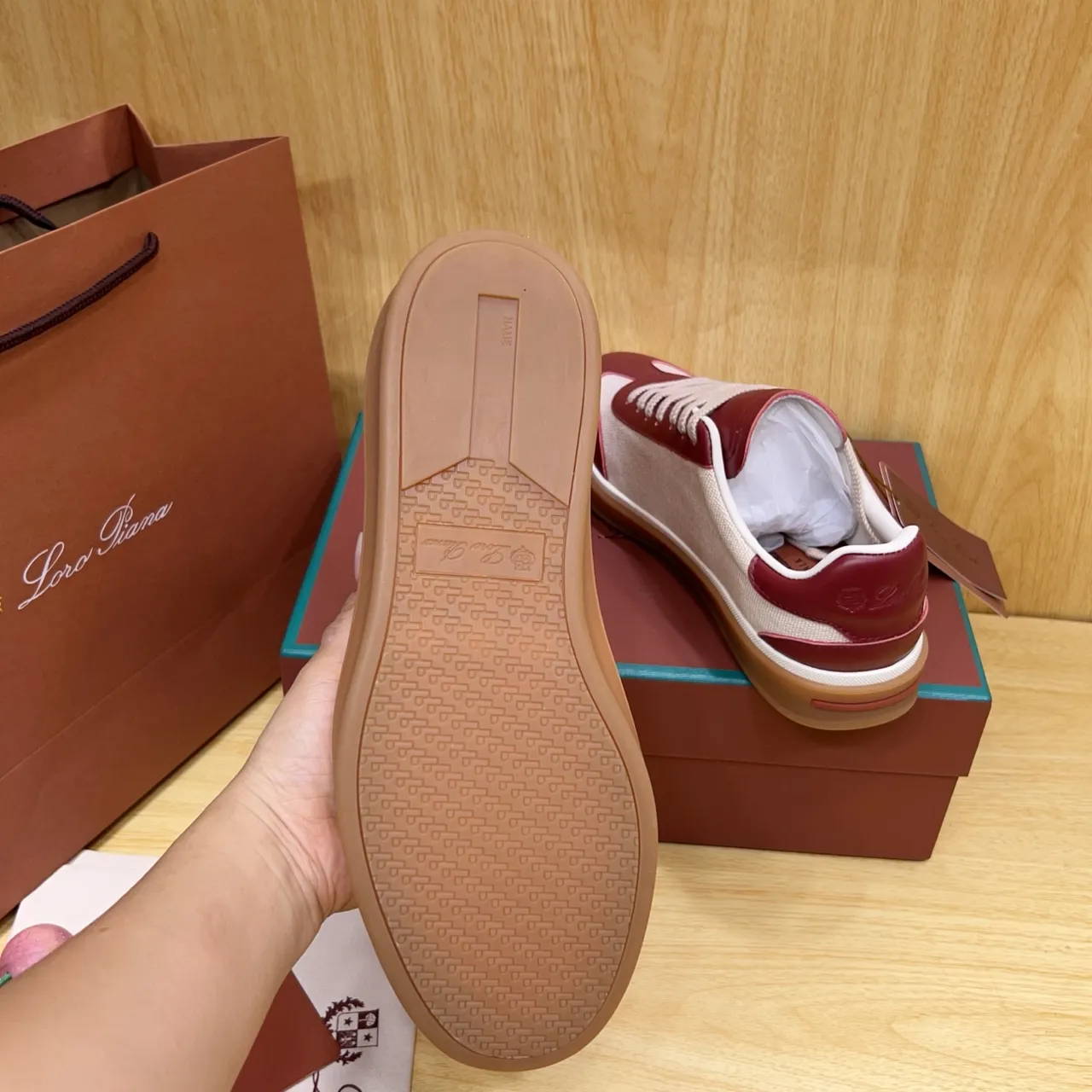 Loro Piana Two-Tone Leather-Canvas Burgundy and Beige Lifestyle Sneakers