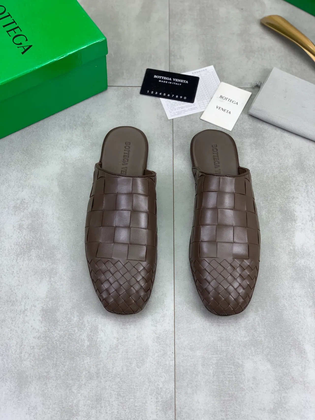 Bottega Veneta Cassette Woven Brown Leather Slippers