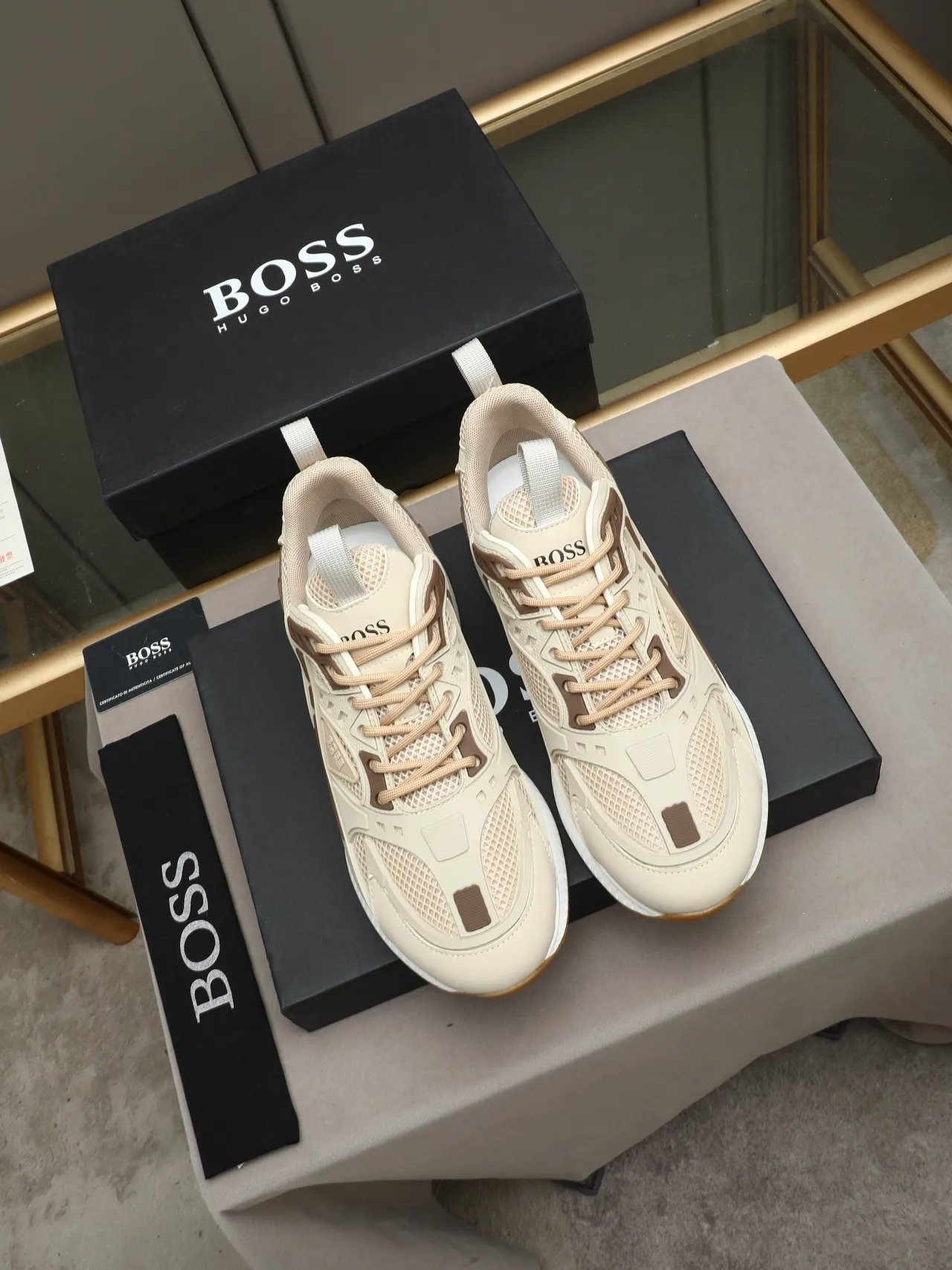 Hugo Boss Beige and Brown Mesh Overlay Lifestyle Sneaker