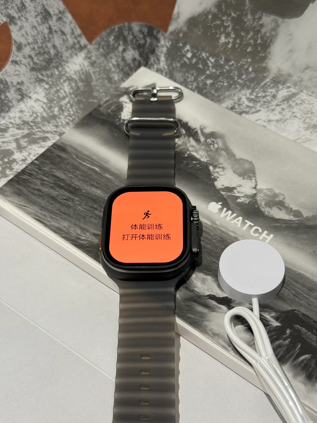 Apple Ultra Gray Orange Square Titanium-Style Case Ribbed Silicone Band Sports Watch