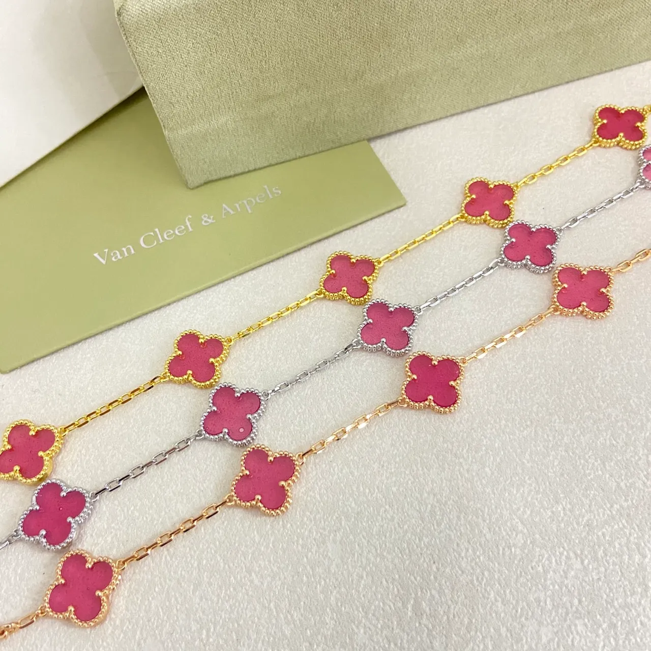 Van Cleef & Arpels Alhambra Pink Enamel Gold and Silver Bracelet