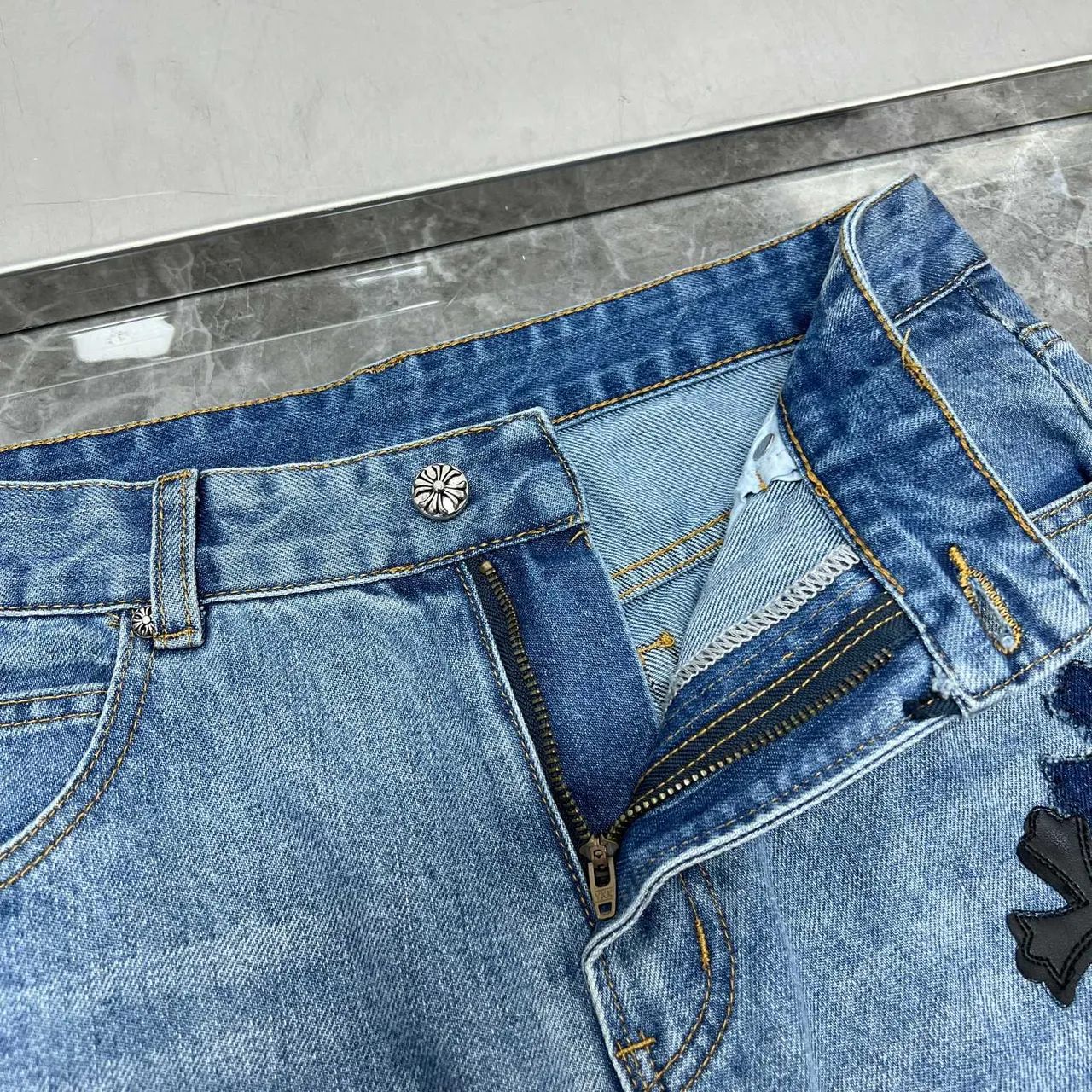 Chrome Hearts Cross Appliqué Light Wash Denim Jeans