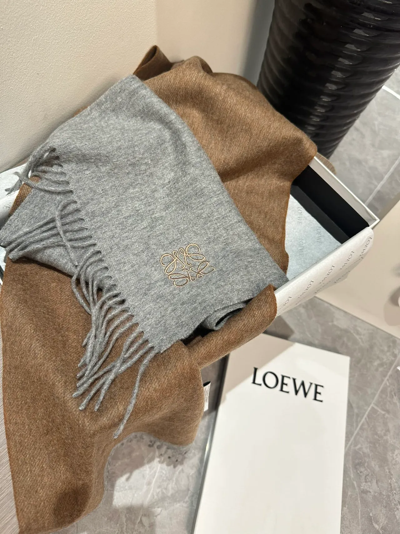 Loewe Anagram Embroidered Gray Cashmere Scarf