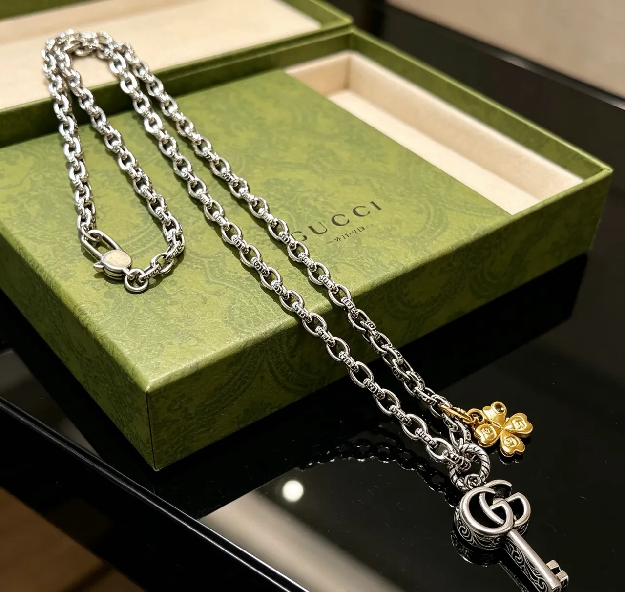 Gucci Silver Gold Oxidized Chain Engraved GG Key Pendant Necklace