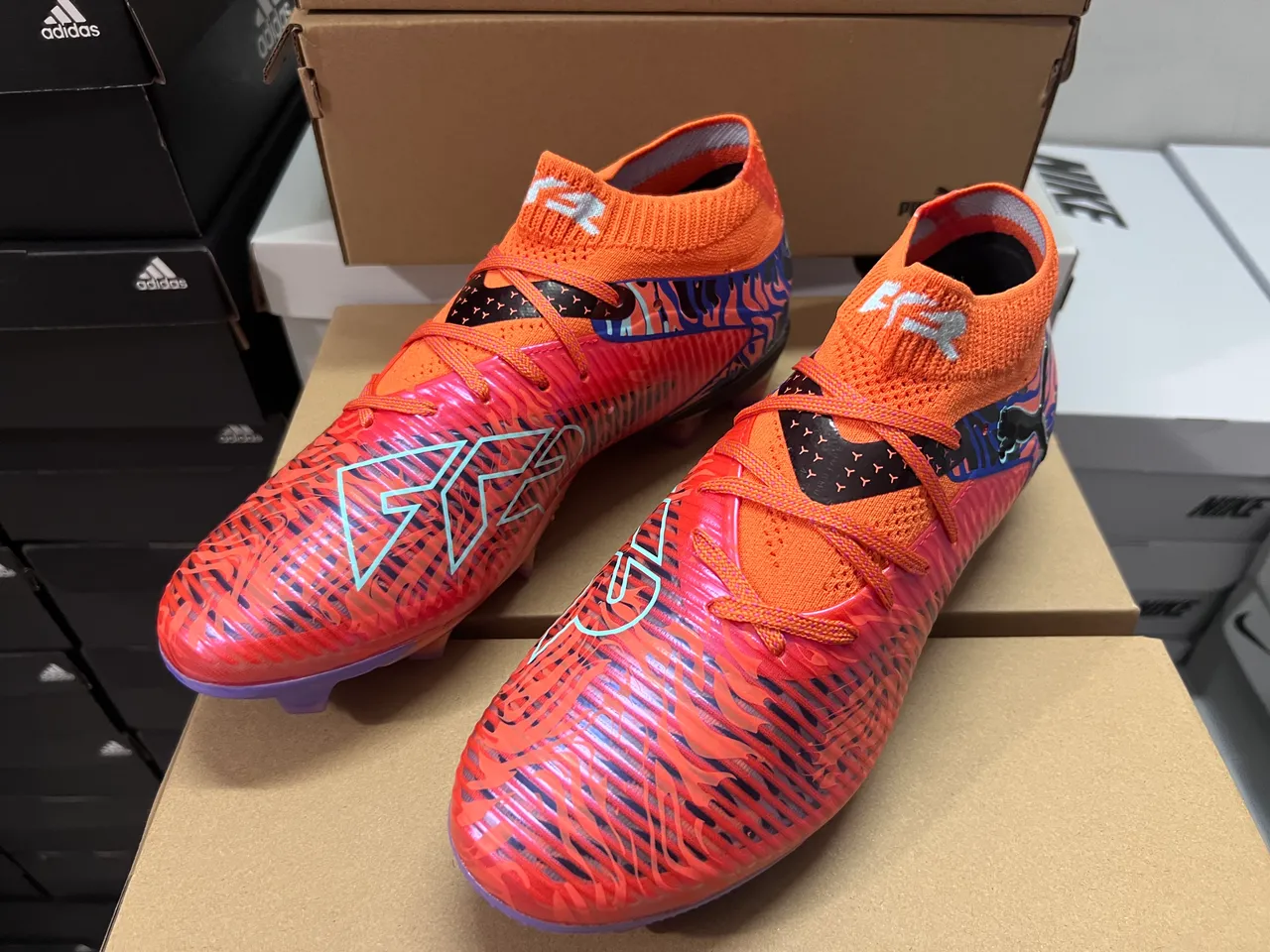 Puma Orange Blue High-Cut Knit Collar Flame-Pattern Graphic Overlay Firm-Ground Soccer Shoes