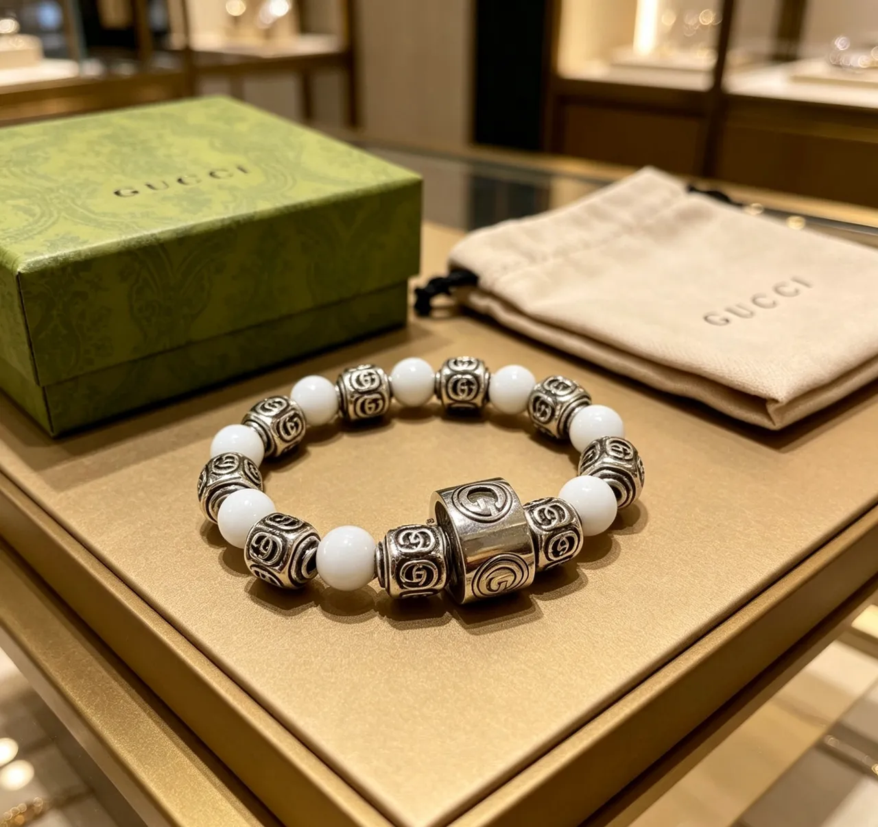 Gucci GG Marmont White Silver Beaded Interlocking G Motif Bracelet