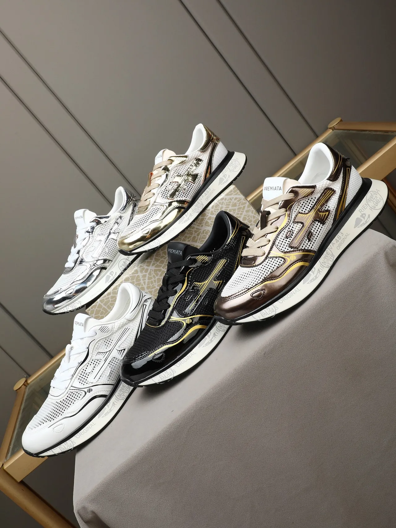 Premiata White Gold Metallic Accents Perforated Mesh Upper Sneakers