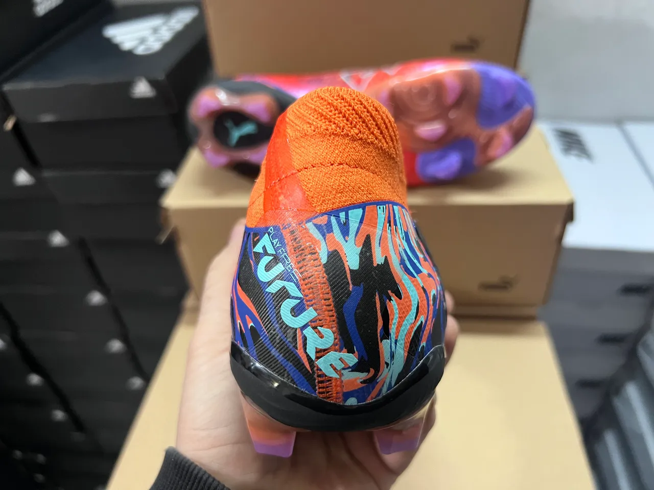Puma Orange Blue High-Cut Knit Collar Flame-Pattern Graphic Overlay Firm-Ground Soccer Shoes
