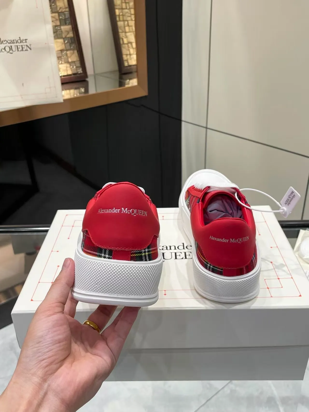 Alexander McQueen Oversized Sneaker Red Plaid White Platform Lifestyle Sneakers