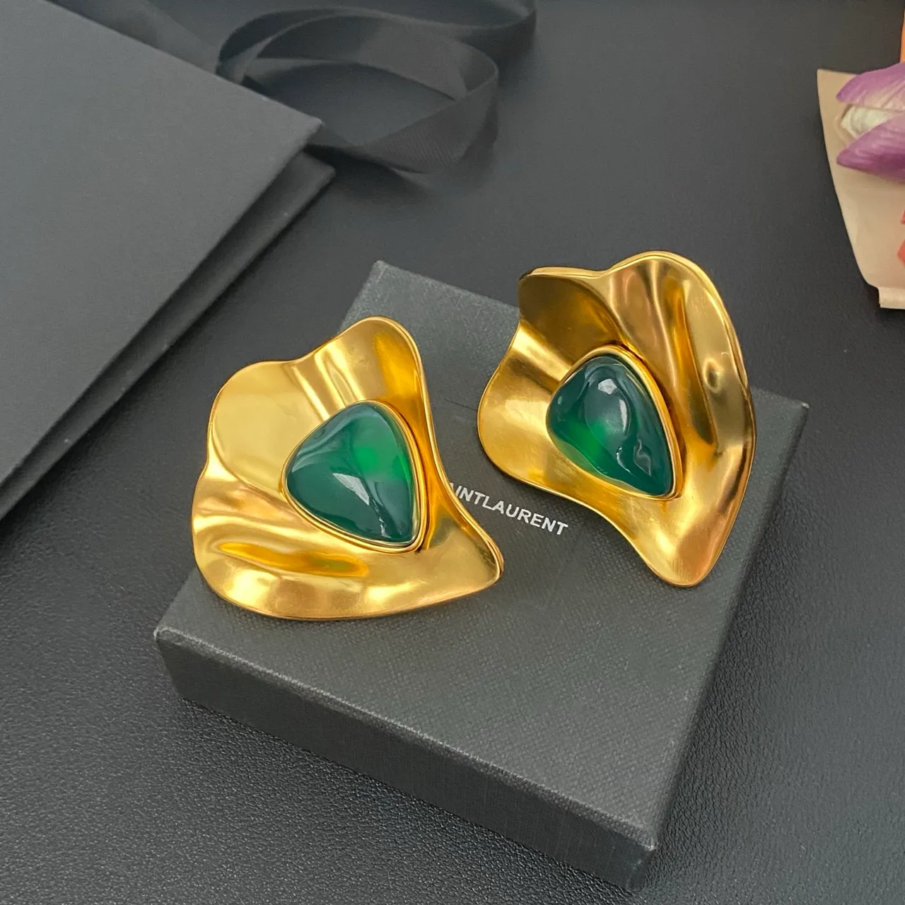 Saint Laurent Gold Green Sculptural Petal-Shaped Metal Frames Teardrop Cabochon Resin Stones Earrings