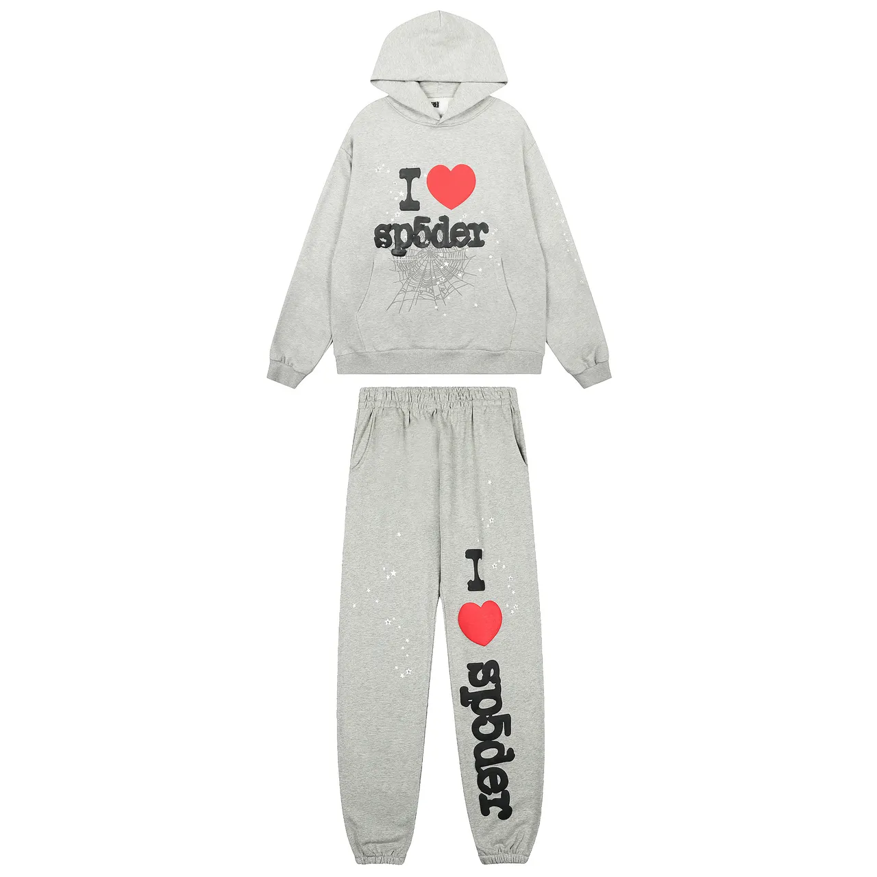 Sp5der I Love Gray Black Graphic-Print Oversized-Fit Tracksuit