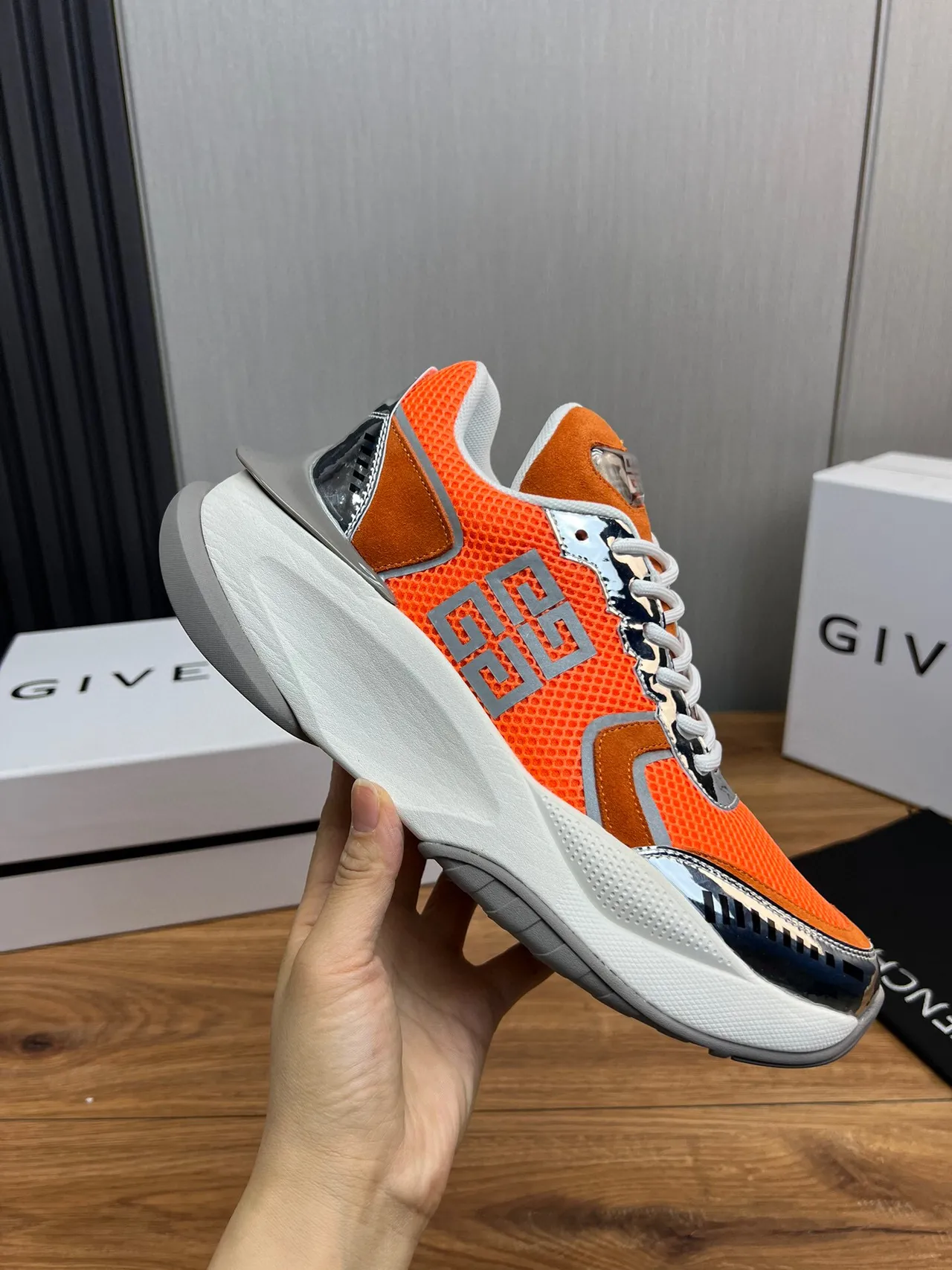 Givenchy Orange Silver Sole Mesh And Suede Upper Chunky Sneakers