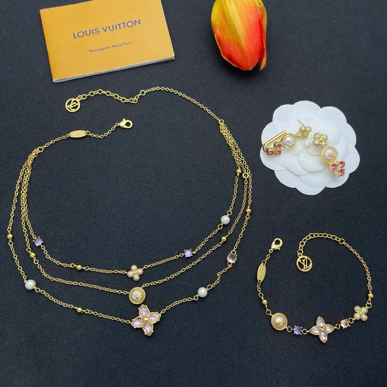 Louis Vuitton Monogram Flower Multi-Strand Pearl and Gemstone Necklace