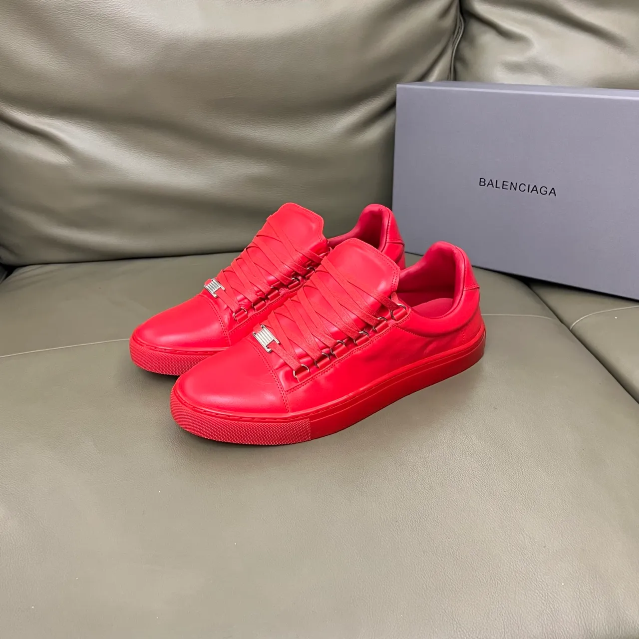 Balenciaga Red Monochromatic Leather Crisscross Strap-Lace System Lifestyle Sneakers