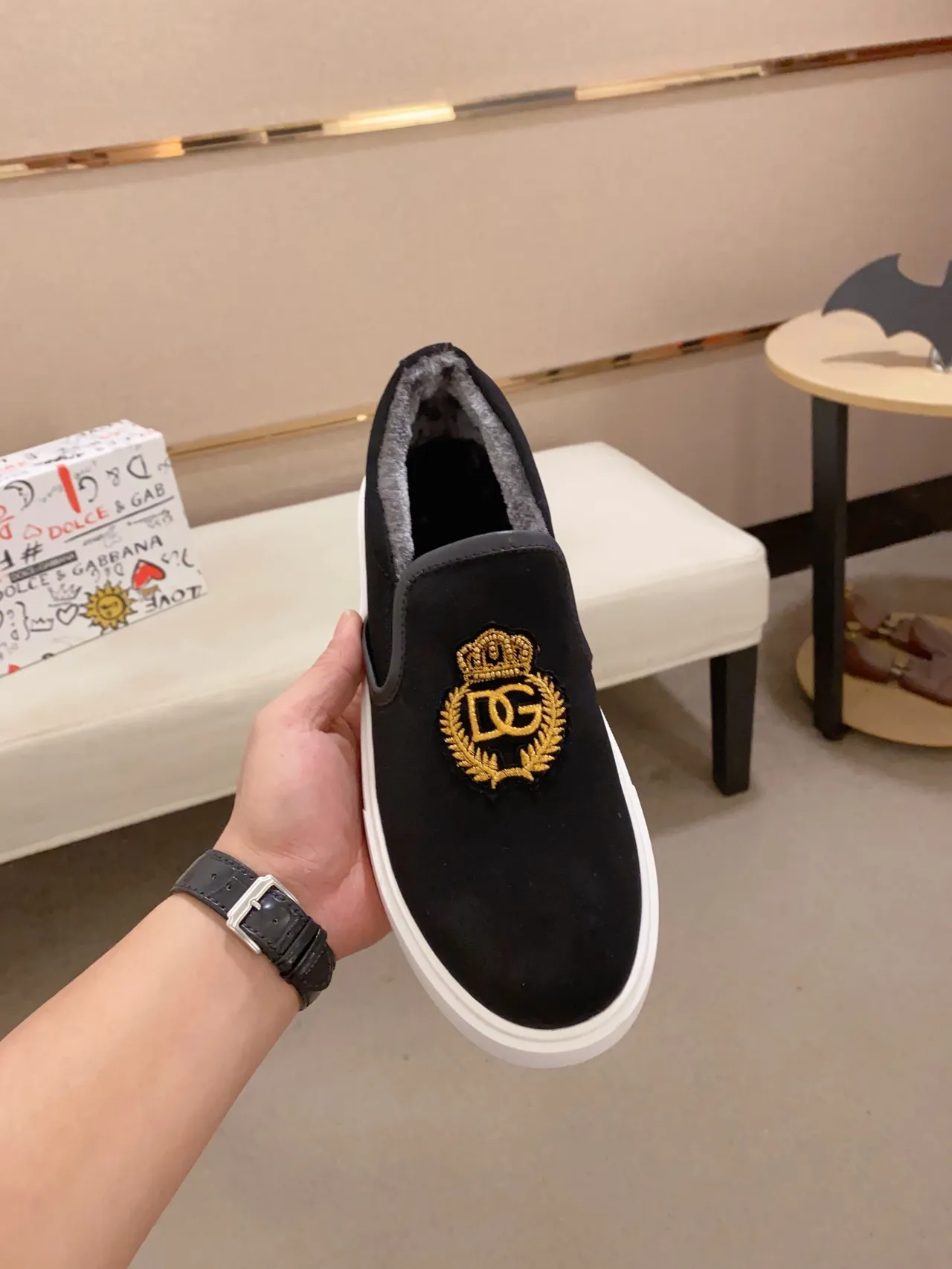 Dolce & Gabbana Portofino Black Gold Slip-On Suede Upper Lifestyle Sneakers