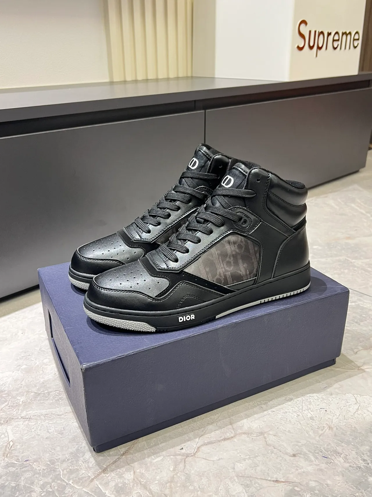 Dior B23 High Top Black Leather Monogram Lifestyle Sneakers