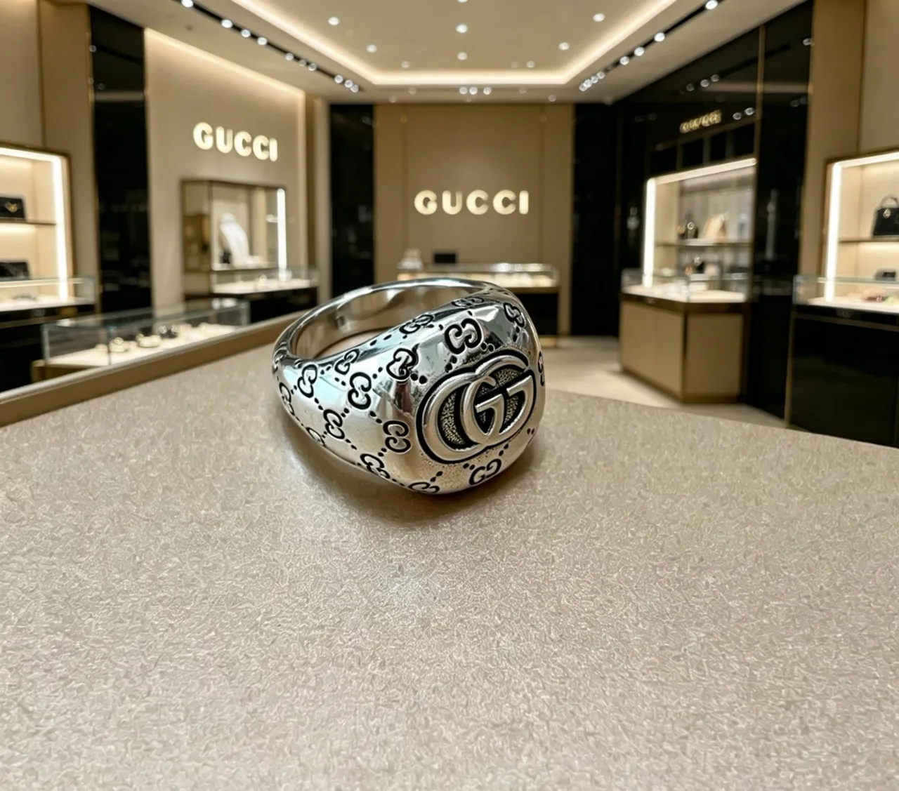 Gucci GG Monogram Ring Silver Black Polished Enamel Ring