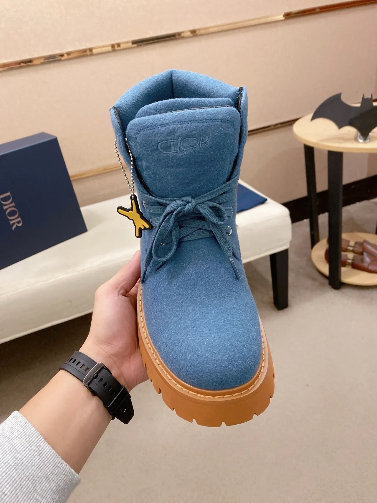 Dior Blue Brown Felt Upper Chunky Lug Sole Work Boots