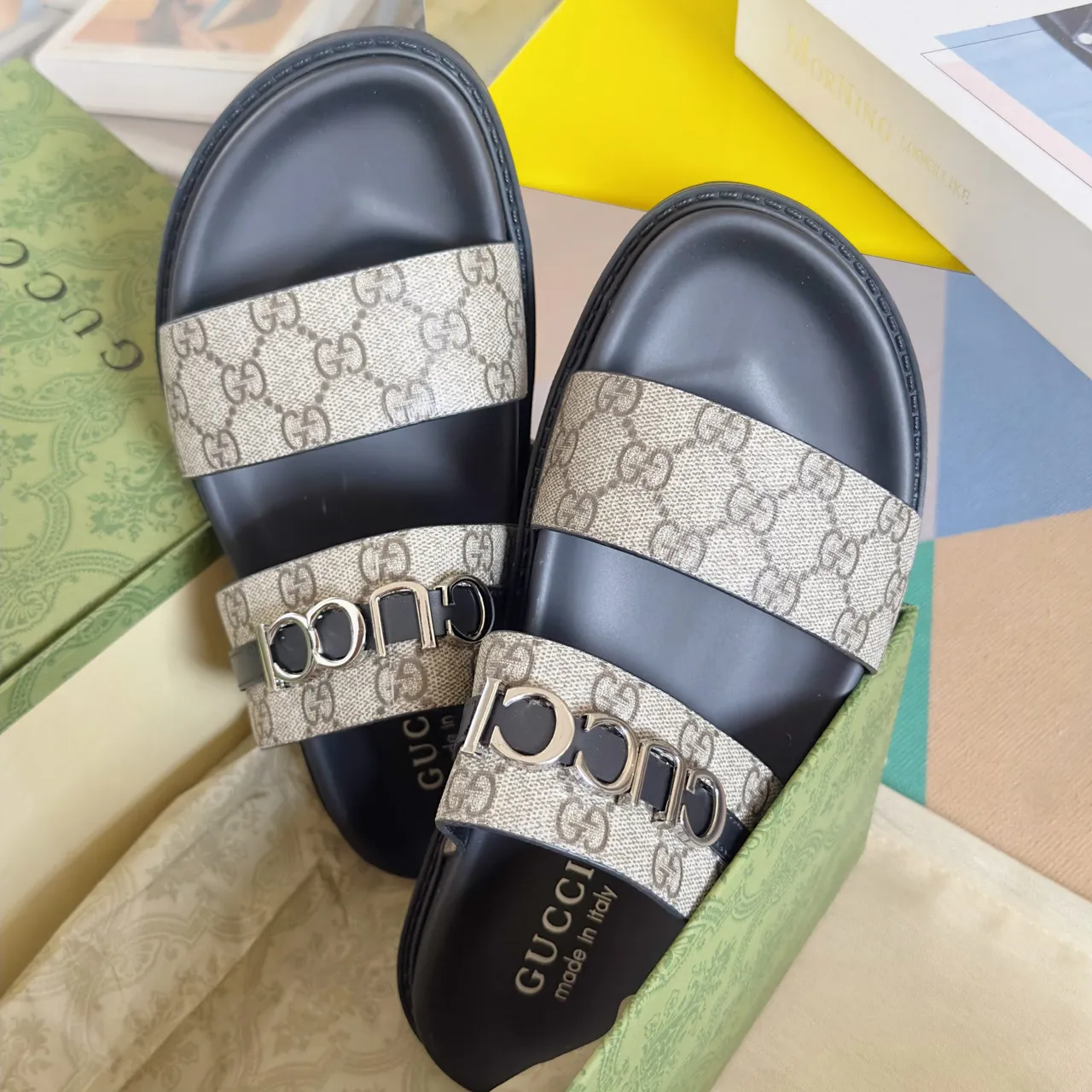 Gucci Ophidia Black Gold Embossed GG Monogram Interlocking G Buckles Casual Sandals