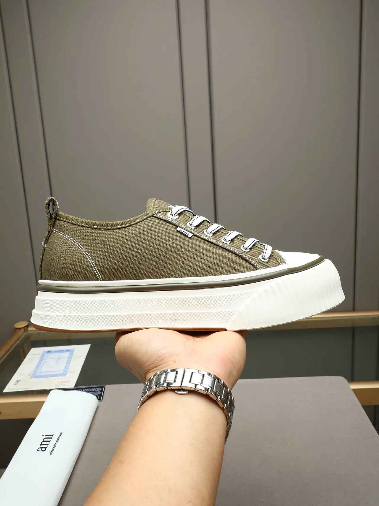 AMI Paris de Coeur Army Green White Canvas Upper Platform Sole Sneakers
