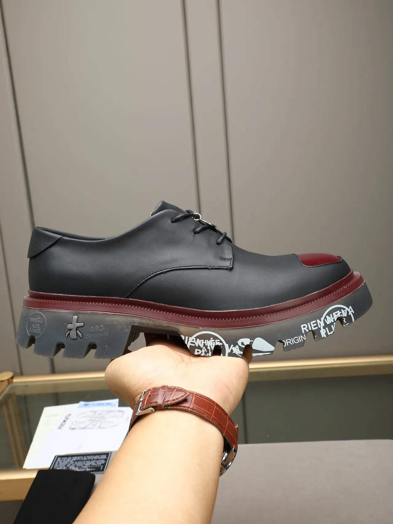 Off-White Black Burgundy Platform Sole Industrial Detailing Oxford Shoes