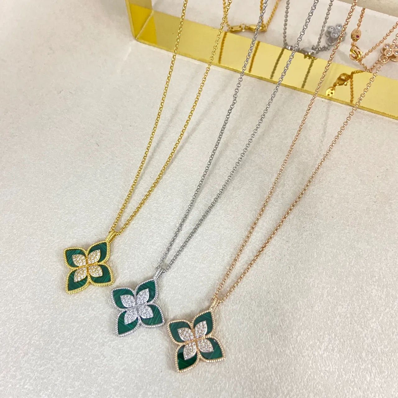 Floral Quatrefoil Enamel and Crystal Pendant Necklaces