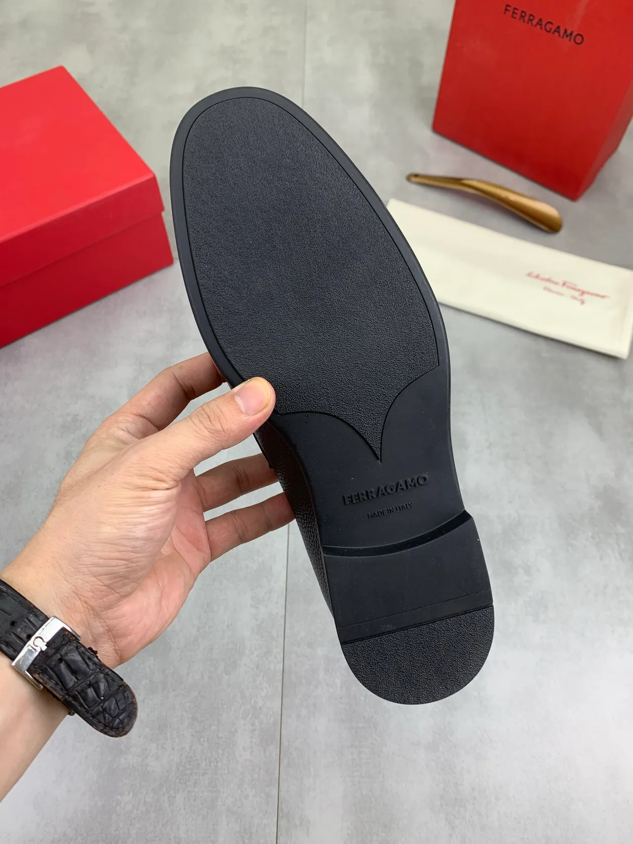 Salvatore Ferragamo Gancini Loafer Black Pebbled Leather Square Toe Loafers