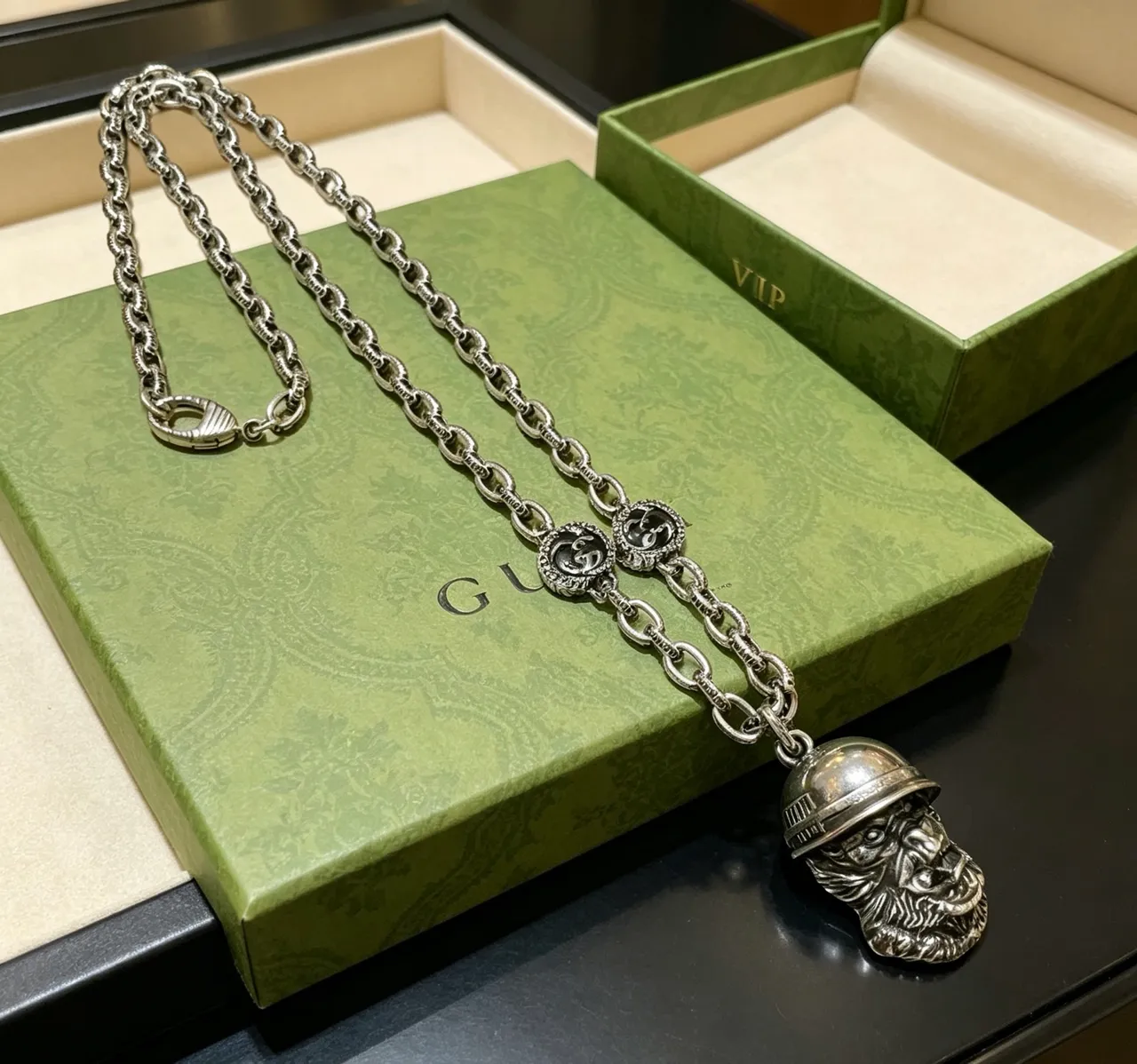 Gucci Sculpted Helmeted Head Pendant Necklace