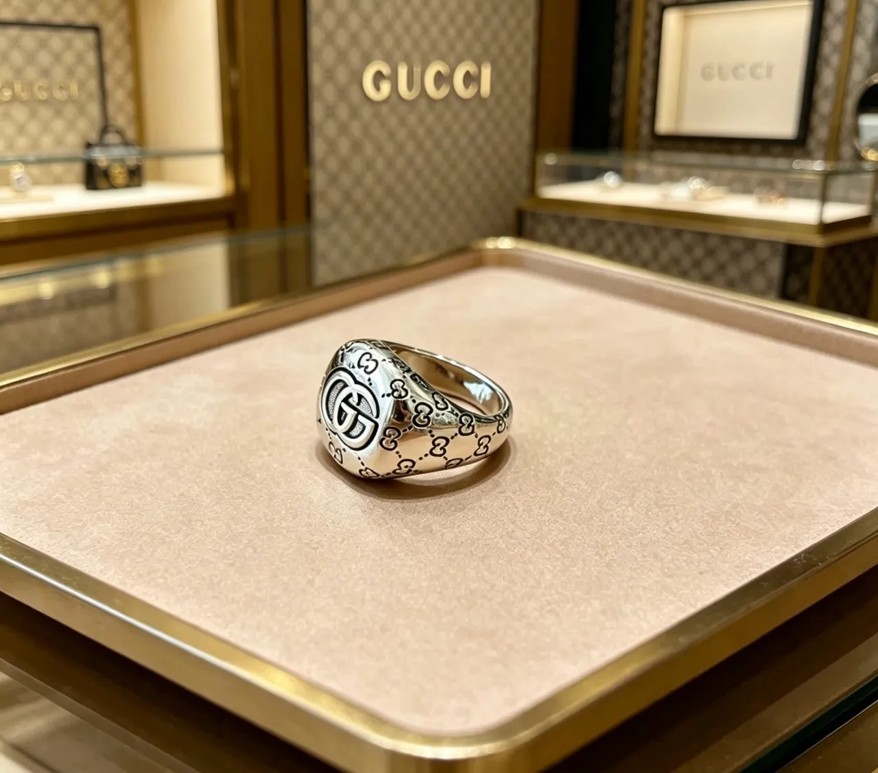 Gucci GG Monogram Ring Silver Black Polished Enamel Ring