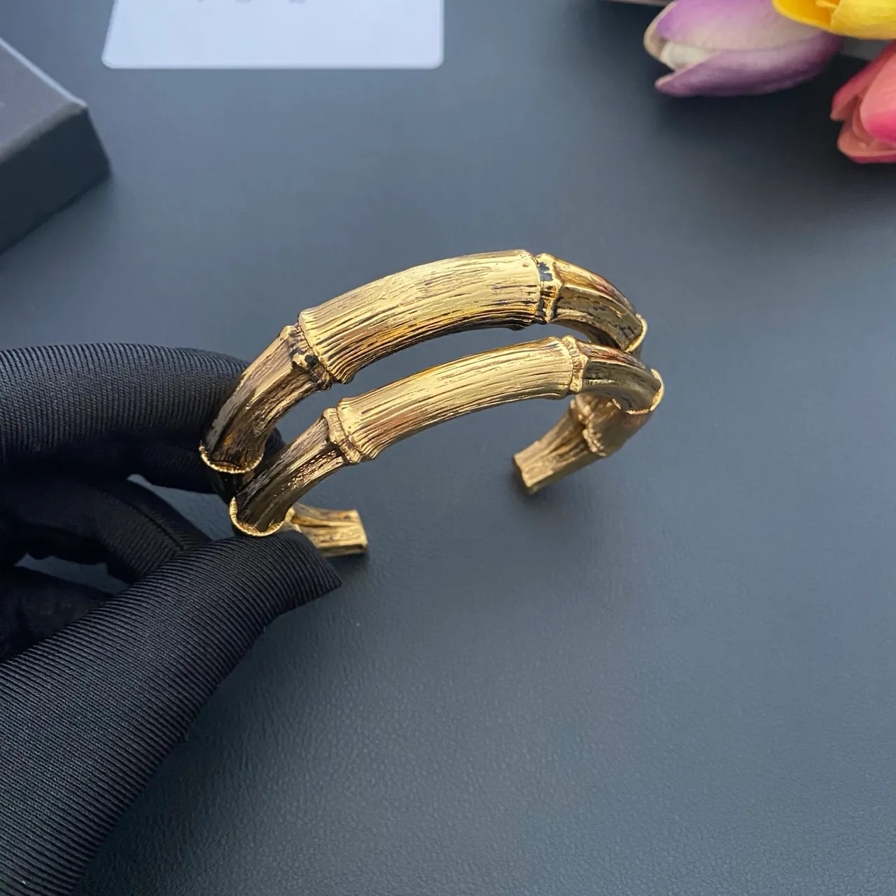 Saint Laurent Bamboo Open Cuff Gold Bracelet