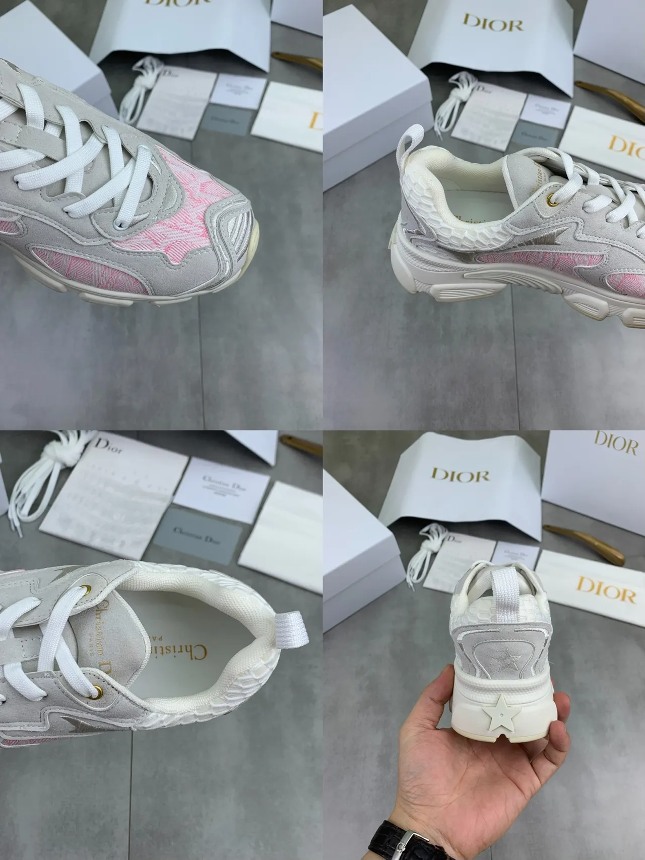 Dior Gray Pink Sole Jacquard Panels Chunky Sneakers