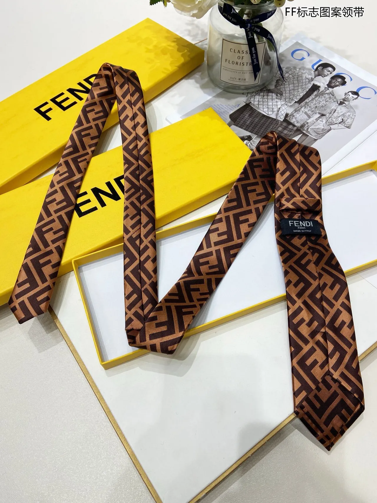 Fendi FF Monogram Brown and Tan Necktie