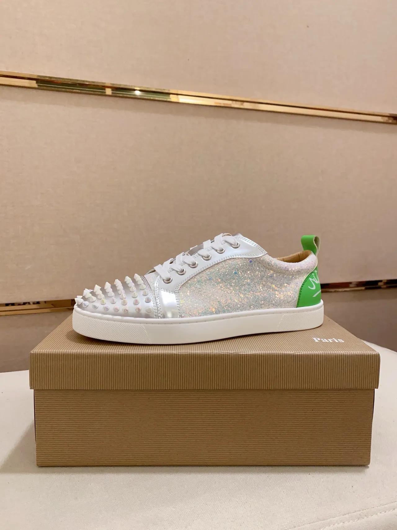 Christian Louboutin Silver Green Spiked Toe Iridescent Glitter Upper Lifestyle Sneakers