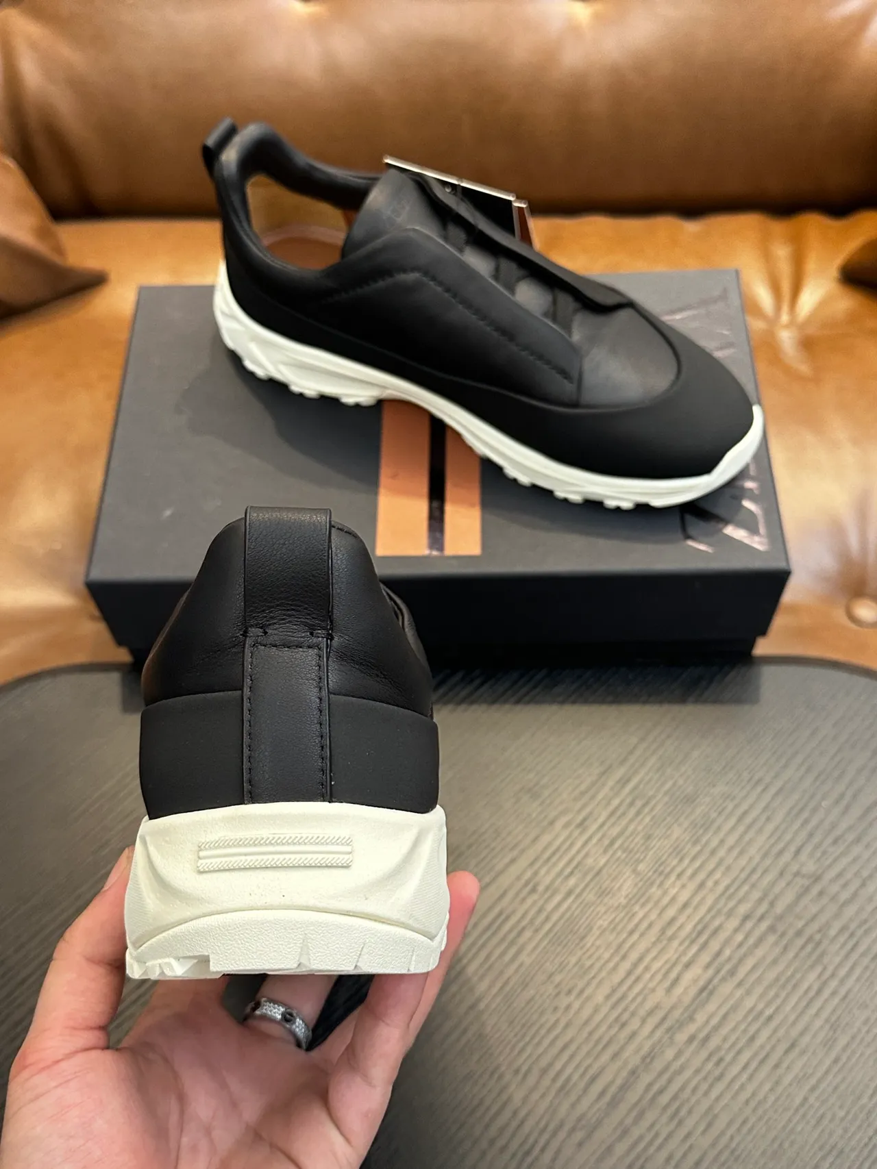 Zegna Black Leather Slip-On Lifestyle Sneaker